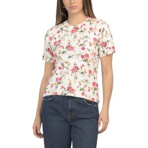 CECE Placed Floral Short Sleeve Crew Neck Sweater
